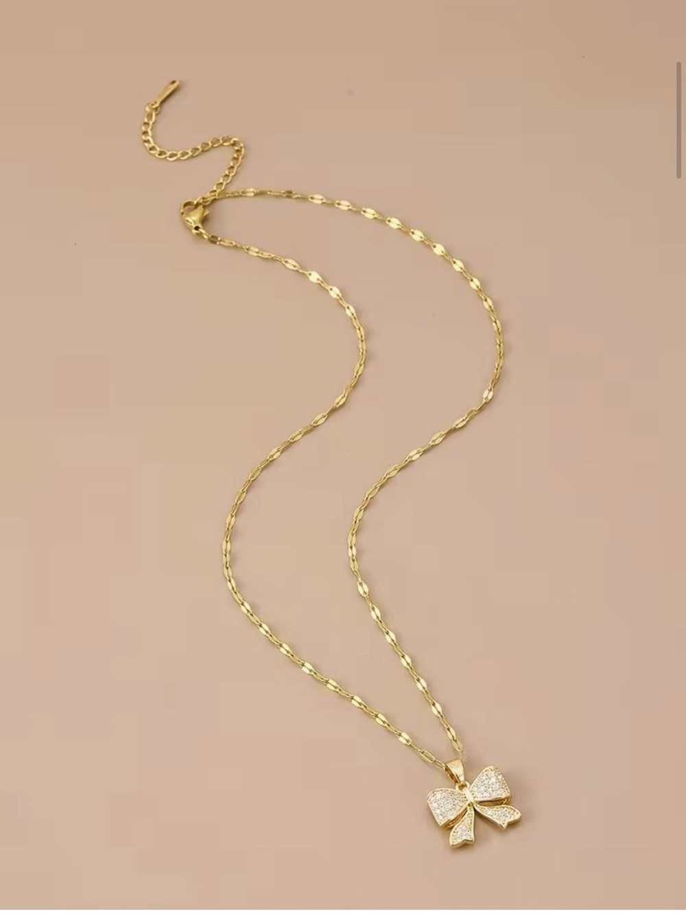 Gold Tone Bow Pendant Necklace Simulated Diamond Pavé, Adjustable 15.75-17.72"